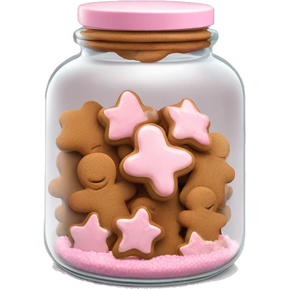 Realistic glass cookie jar with light pink lid full of gingerbread cookies isolated.  emoji