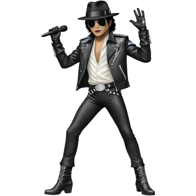 Icon for R&B Music: Michael Jackson on stage with microphone on the stand in full body, wearing his iconic concert costume—black leather jacket, sequined glove, fedora, and boots. He strikes a powerful pose, embodying the energy of R&B music. Transparent background. emoji