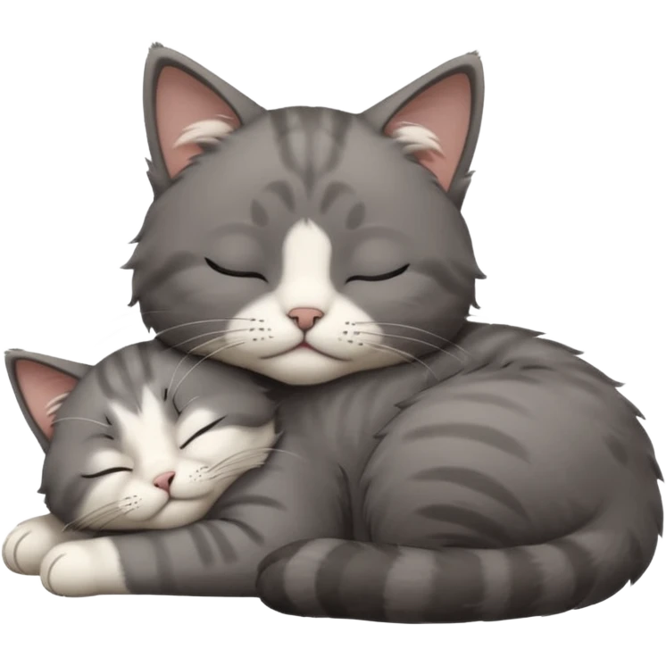 dark grey and white small cat with closed eyes, leaning his head on his paw while leaning on his elbow lying down emoji