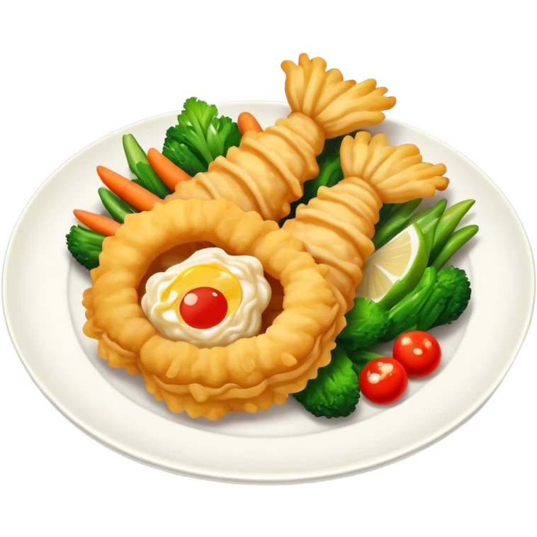 Tempura Cinematic Realistic Tempura Dish Emoji, depicted as extra crispy, lightly battered seafood and vegetables, rendered with vivid textures and dynamic, bright lighting. emoji