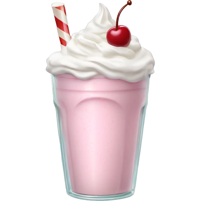 Milkshake Emoji "A pastel pink milkshake in a glass cup, topped with whipped cream, a cherry, and tiny glittery sprinkles floating above." emoji