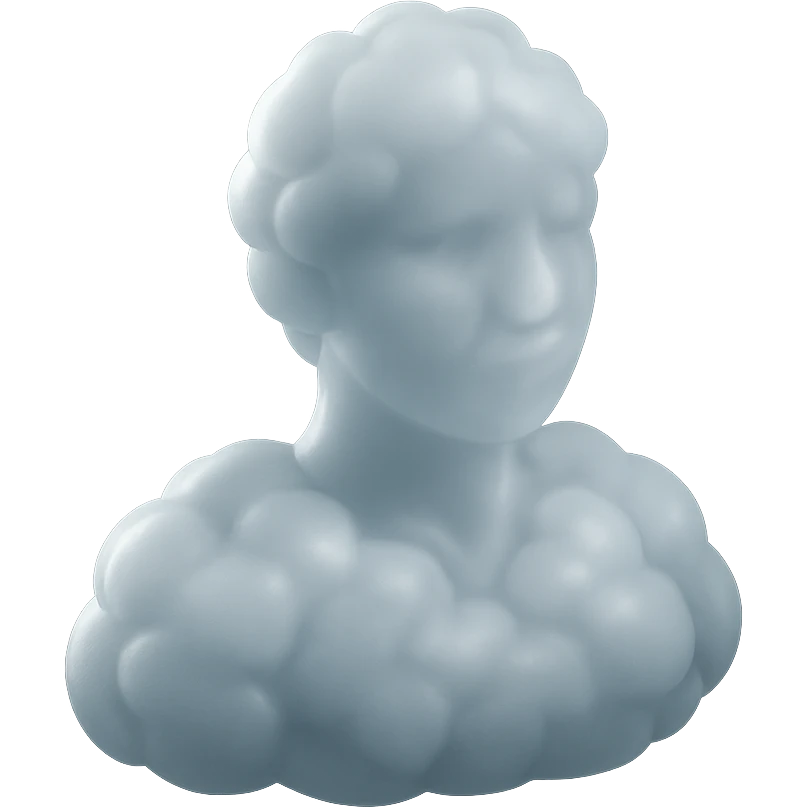 person looking straight, fully made of white fluffy convex clouds, shoulders visible, matte glass style emoji