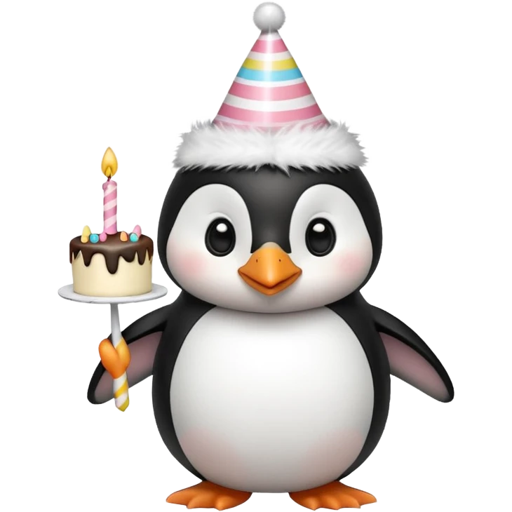cute penguin with birthday hat hold a birthday cake in arms emoji
