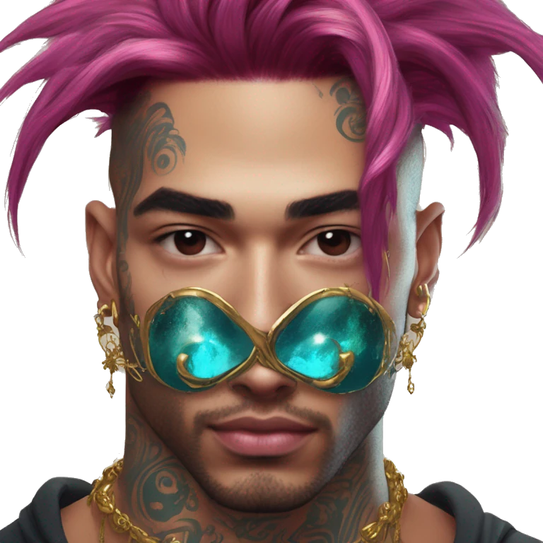 Vintage grunge patina intricate swirls gold jewellery baroque golden sparkle tropical Deep pink maroon burgundy cyan dark hoodie man dyed hair gold piercings nose piercing ear piercings emoji