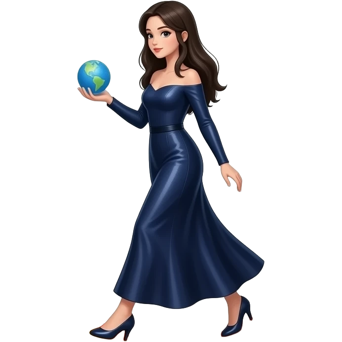 cinematic realistic - an elegant mystical girl in a long dark blue dress carries a small flashing globe in her hand and walks through a flaming ring emoji