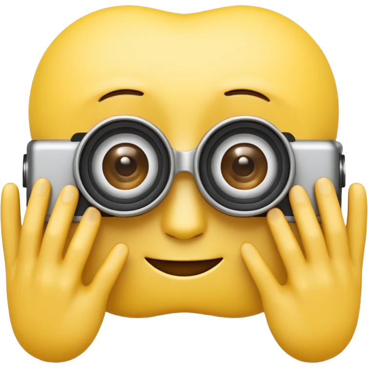A 3D Apple-style yellow emoji character, classic round shape, using both hands to form a rectangular “camera frame” in front of its face, fingers extended and slightly curved, focused expression with raised eyebrows, cartoonish eyes looking through the frame, clean minimal background emoji