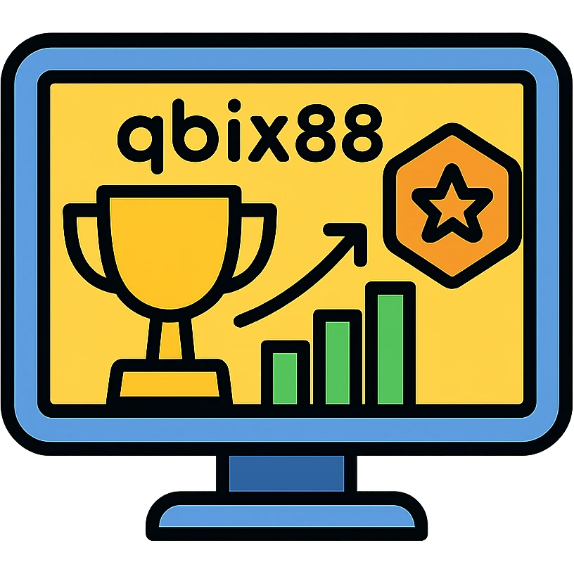 Gaming platform icon for qbix88 online games with trophy, expert badge and popularity chart emoji