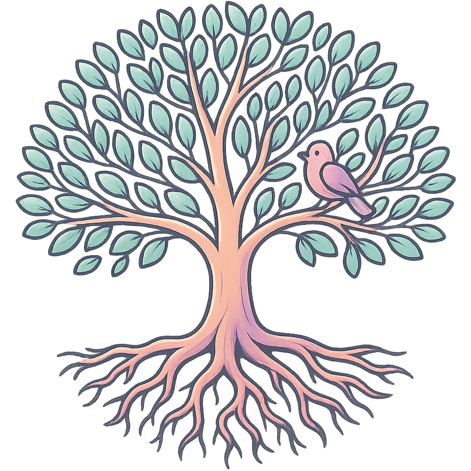 Create a more volumetric tree symbolizing family history and a genealogical tree, with enhanced shadows and highlights, detailed branches, leaves, and roots as in the reference. Use thin clean contours, soft rounded shapes, and a pastel palette including #98B5BC, #B5B3C1, #C9A3C9, #E4C0CA, #F7DCD1, #F7C0AA. The style should reflect modern Japanese pop-art and sticker aesthetics with soft lighting and a transparent background. emoji