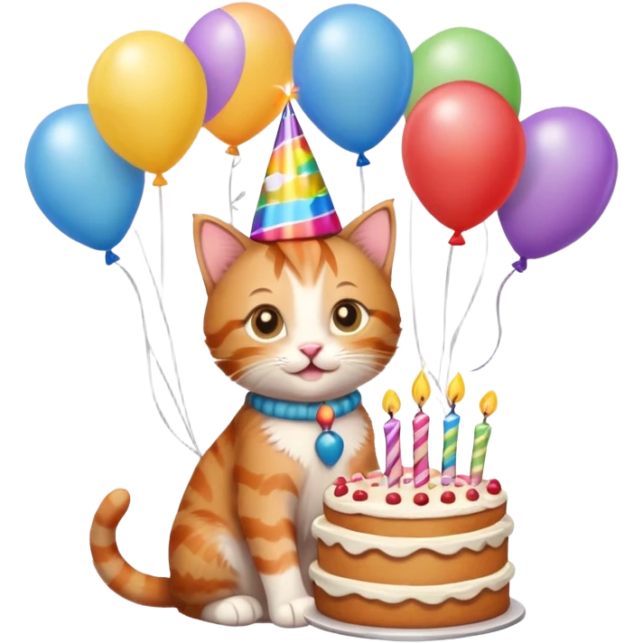 Ginger tabby kitten celebrates birthday, birthday hat, birthday cake, balloons, happy, gifts emoji