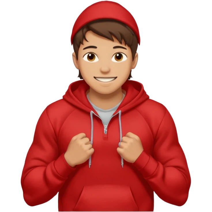 make me an emoji of an americain 19 yearold boy in a red hoodie that says "south" on it and give him with tan skin with his hands in his hands in his pocket grining flexing his muscles emoji