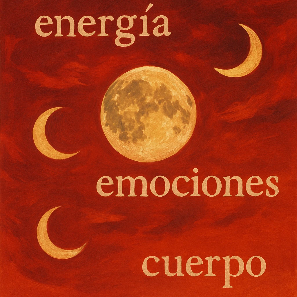 moon in motion in a red sky, with the words 'energía', 'emociones', 'cuerpo' integrated in the image, artistic illustration style emoji