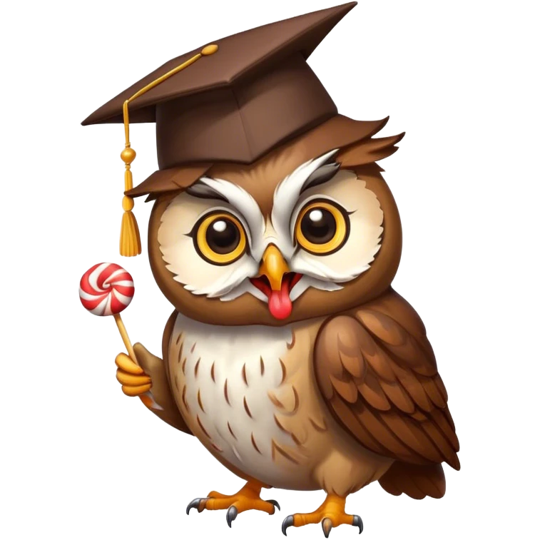 Owl in scholar cap Licking lollipop with tongue emoji