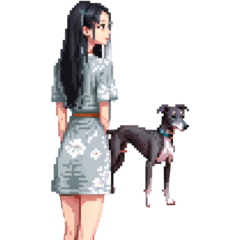 Slim Chinese woman with long black hair in a cute summer outfit with her completely solid grey Italian greyhound looking out a window on a sunny day, the dog has absolutely no white markings anywhere emoji