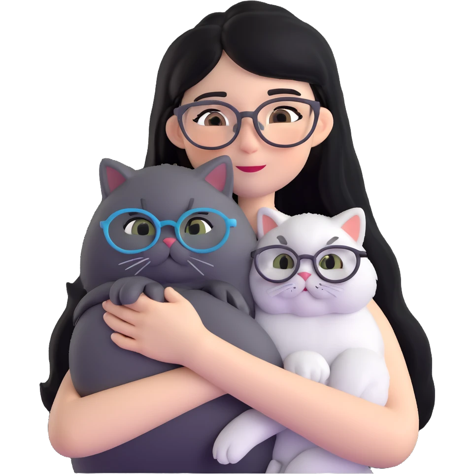 Skinny woman with oval glasses, long straight black hair, wearing white sleeveless top, hugging a grey Persian-Angora cat, plain background emoji