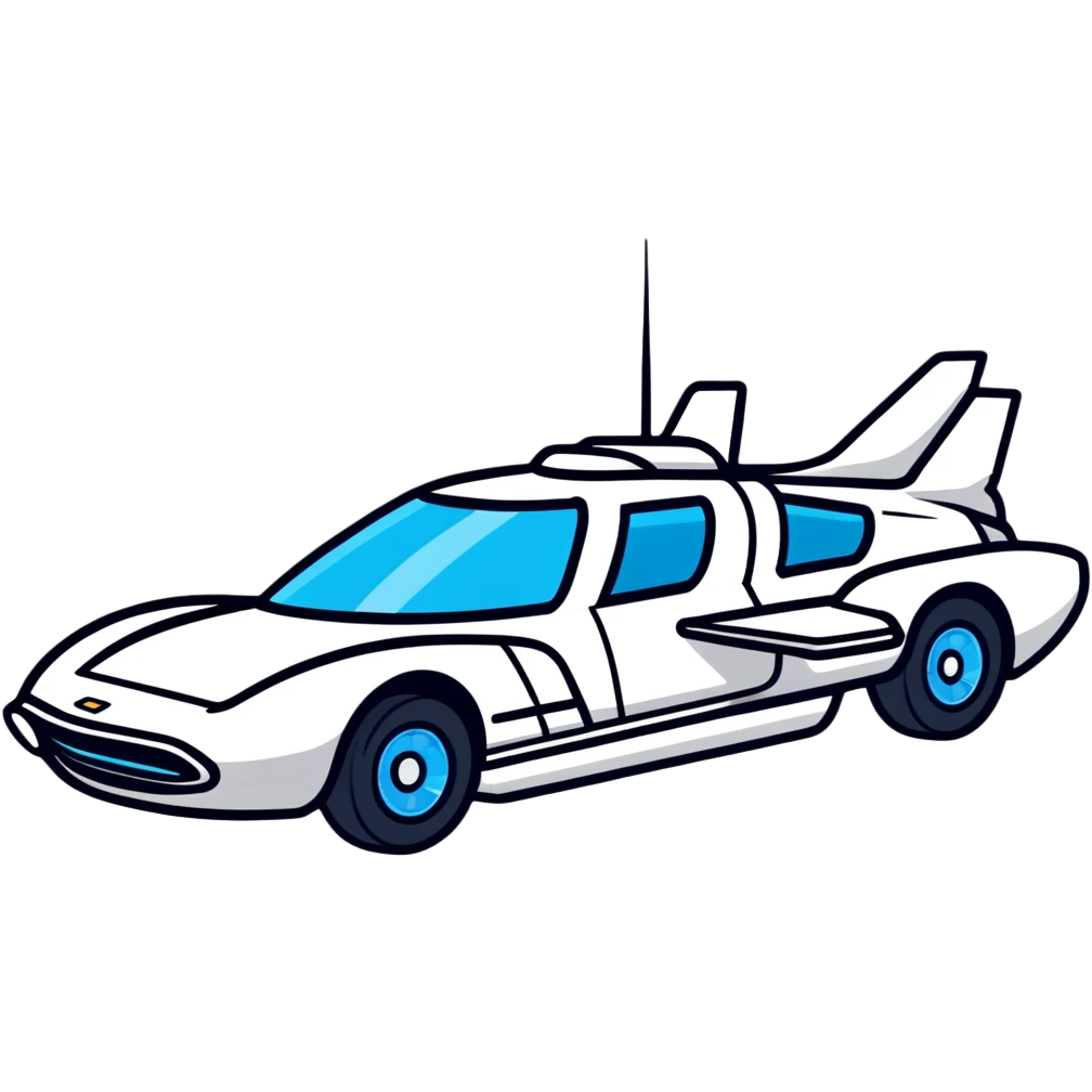 Retro-futuristic hover car inspired by the DeLorean, gullwing doors, silver metallic body with blue-tinted windows, stylized jet boosters in the back, flat vector style, outlined shapes, minimal design emoji