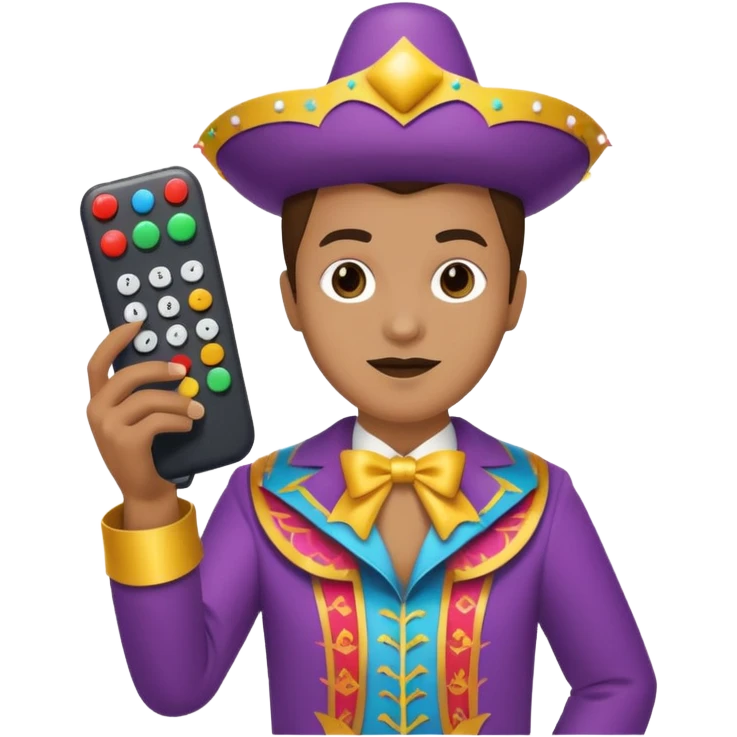 Uma pessoa com um controle remoto de televisão na mão e vestida de fantasia de carnaval emoji
