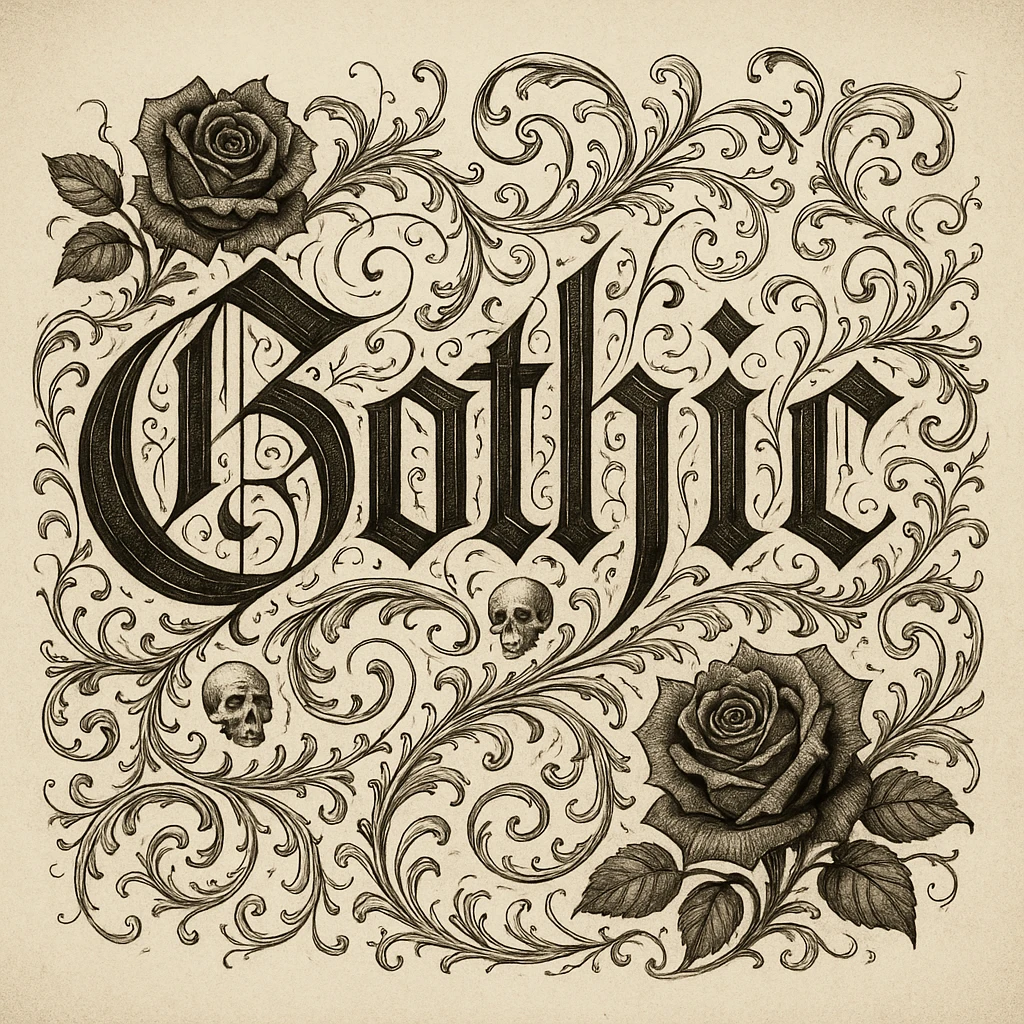 the word 'Gothic' in highly elaborate gothic calligraphy, with ornate flourishes, dark roses, tiny skulls, and baroque filigree emoji