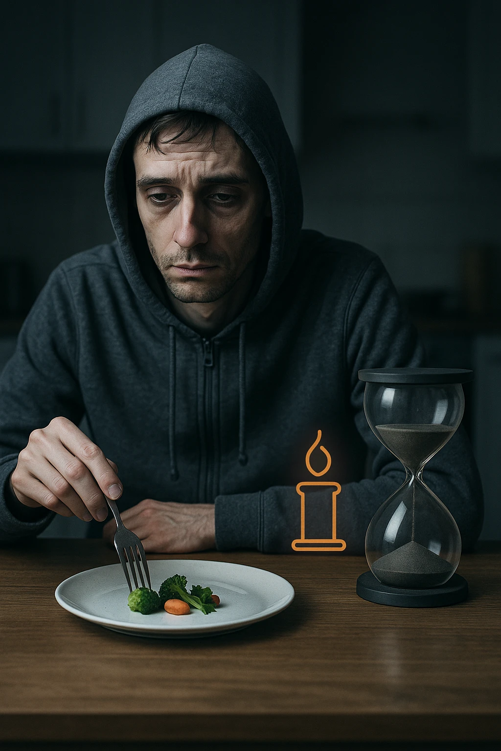 Slim man in his 30s sitting at a table with a tiny portion of food, looking tired and cold, wearing a hoodie indoors. Pale skin, low energy expression, dark circles under eyes. His plate has only a few vegetables and no protein or carbs. Dim kitchen background, slow metabolism symbolized by a dimmed internal flame or sluggish hourglass near him. emoji
