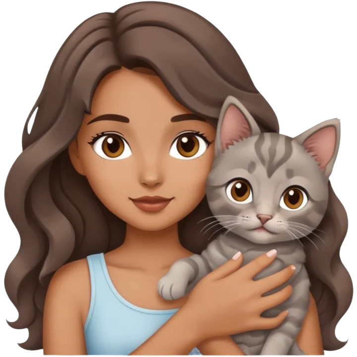A beautiful girl with big brown waves was holding a gray kitten emoji