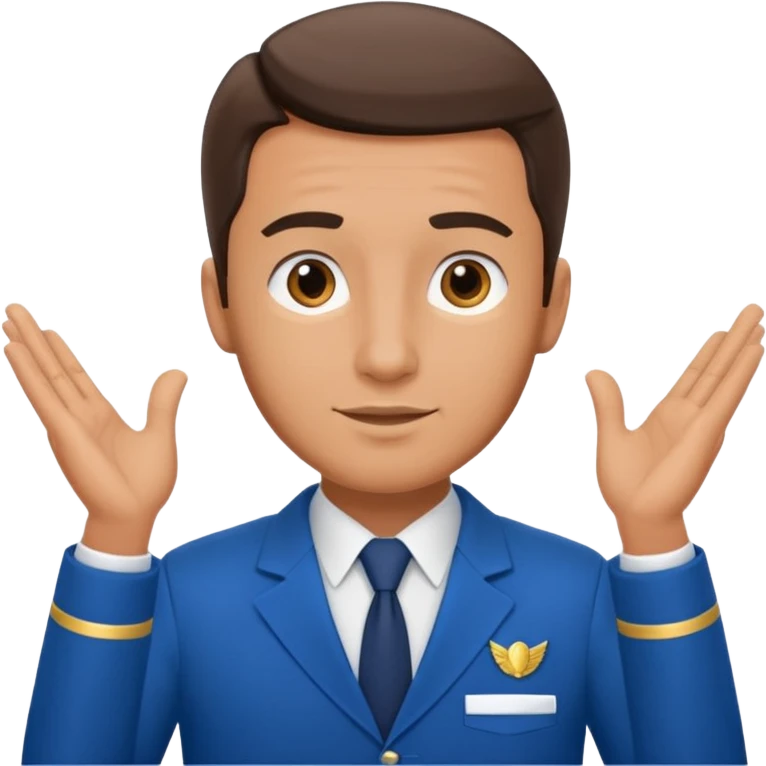 A calm male flight attendant demonstrating instructions with confident emoji