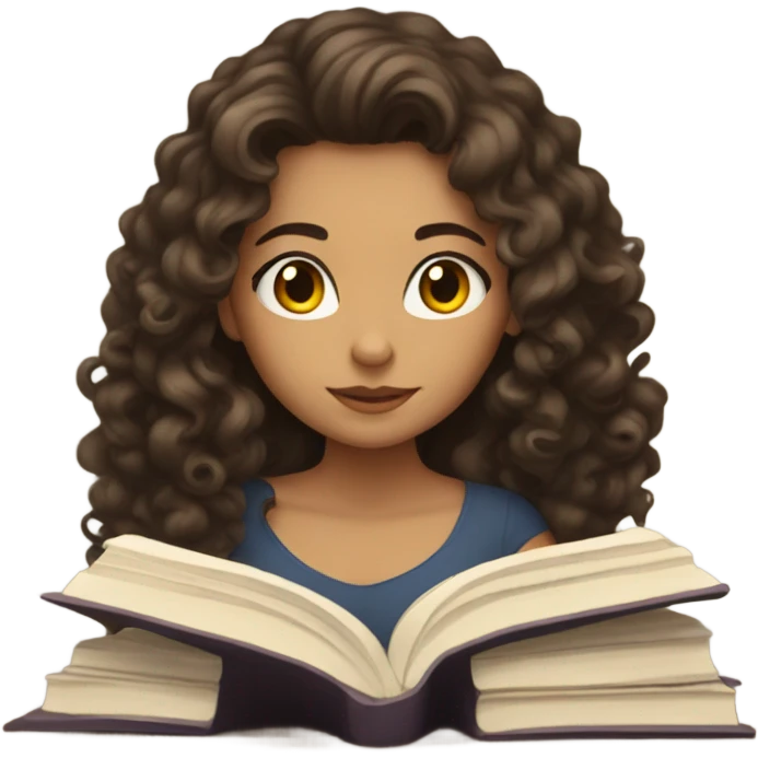 brunette long curl hair brown woman looking down at a book cozy aesthetic emoji
