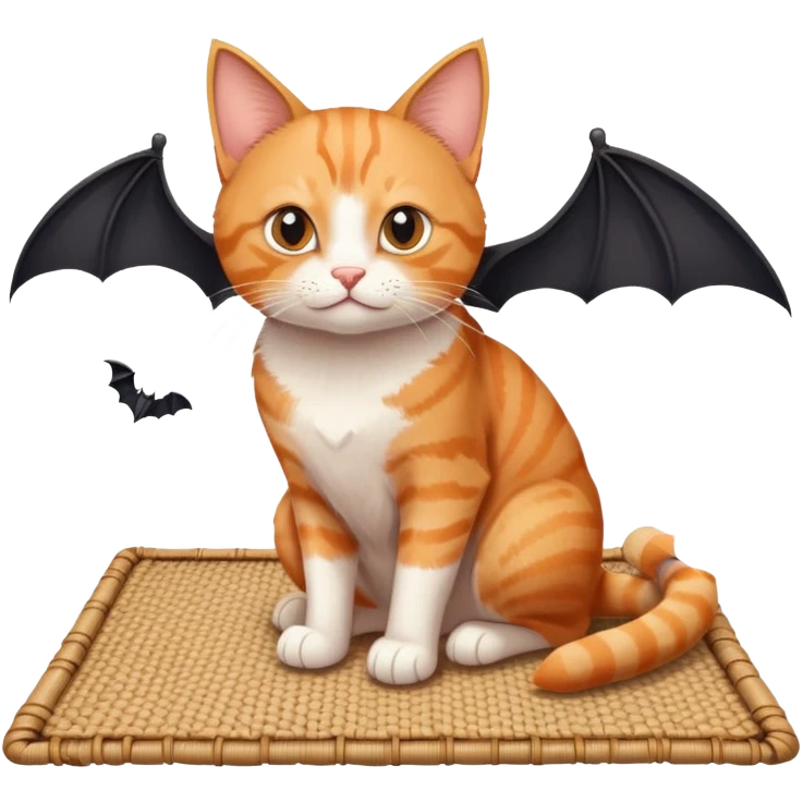 cat sitting on a mat with two bats flying nearby emoji