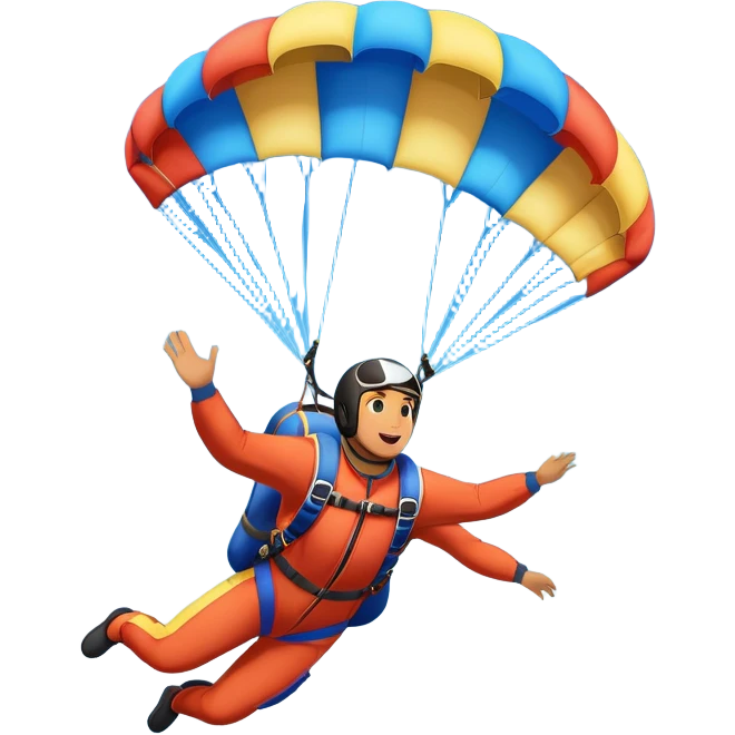 A skydiver free-falling through the sky, with a brightly colored parachute open above them. The background features a vast blue sky dotted with fluffy clouds, birds soaring nearby, and a plane flying off in the distance, emphasizing the thrill and freedom of the sport. emoji