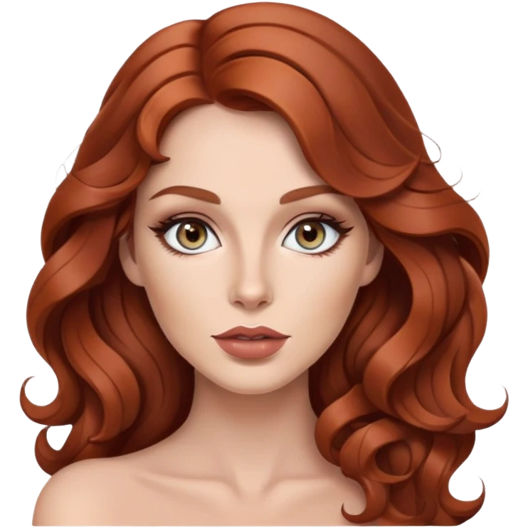 Rousse aux cheveux très très long et ondulé. Yeux gris, make up léger avec contouring prononcé. Nails artist lèvre clair et pulpeuse  emoji