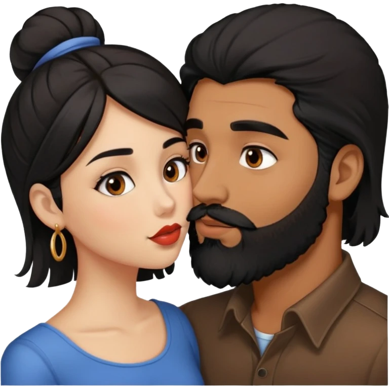 Brown man with brown eyes and beard and full lips and black hair kissing fair girl shorter than him and mid length hair and blackish brown eyes  emoji
