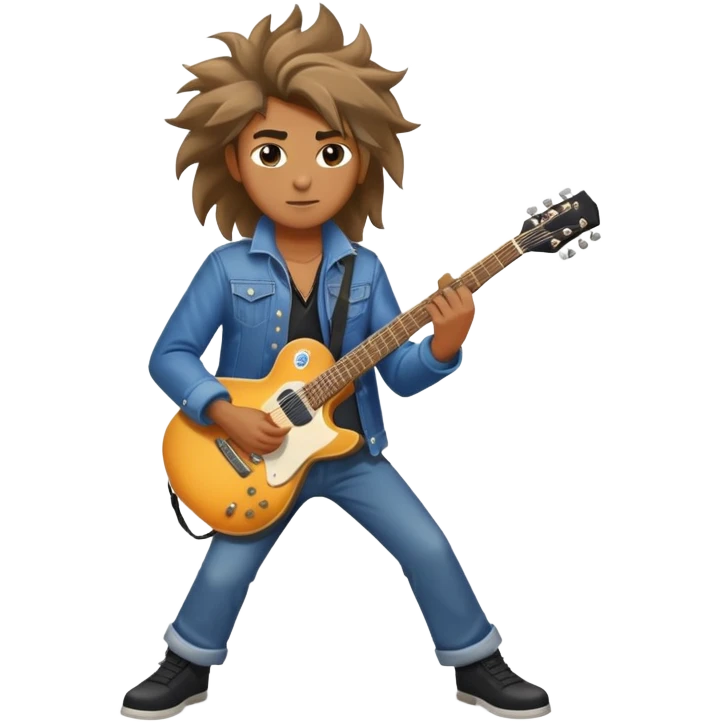 Super strong rockstar on the guitar while being shined on by a massive spotlight with his hair blowing and a cool aura emoji