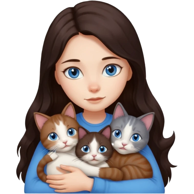 a girl with long dark 
brown hair, with blue eyes, hugs 3 different natural coloured cats emoji