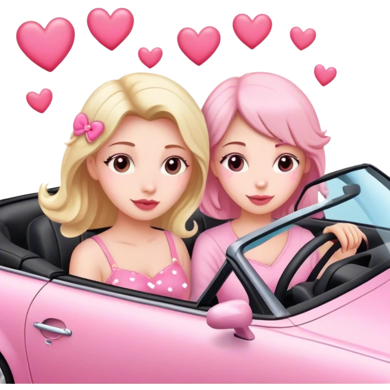 A mom, one daughter,  driving in pink convertible with hearts  emoji