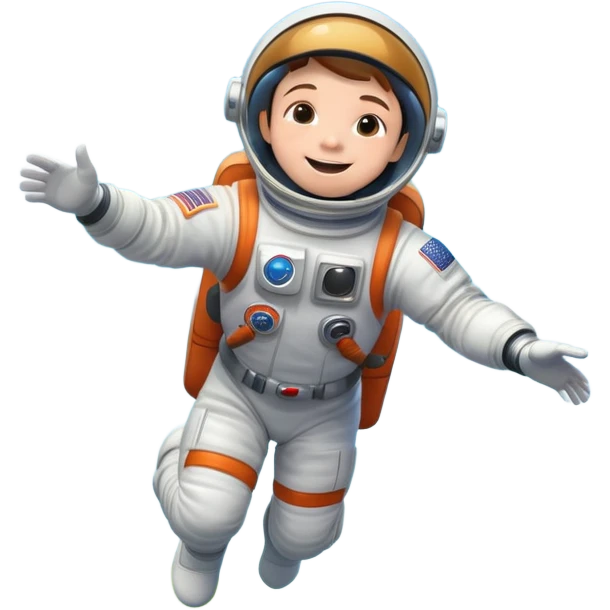 Disney Pixar 3d render of a happy kid astronaut with astronaut white, orange and black suit around beautifull colorfull flowers jumping on green grass dreamy world, low angle camera, blue sky with disney clouds, rule of thirds emoji