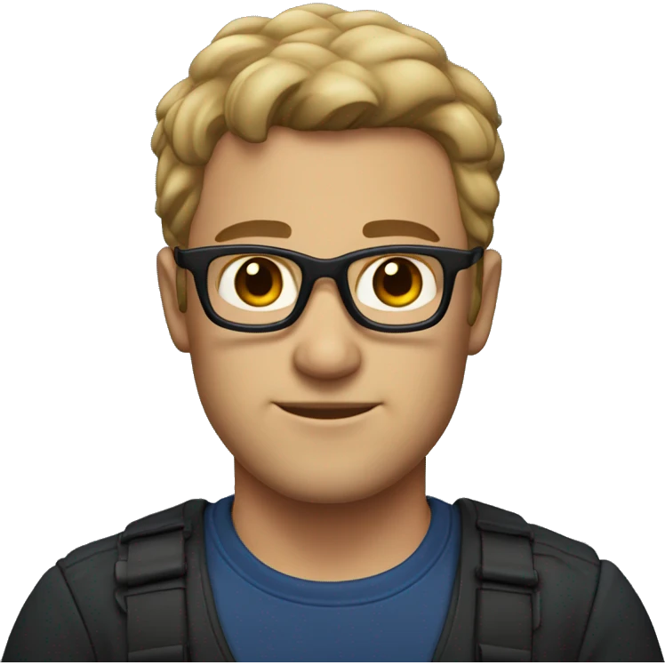 man with dark blonde hair, stubble, with dark brown eyes, black glasses, and dark blue shirt emoji