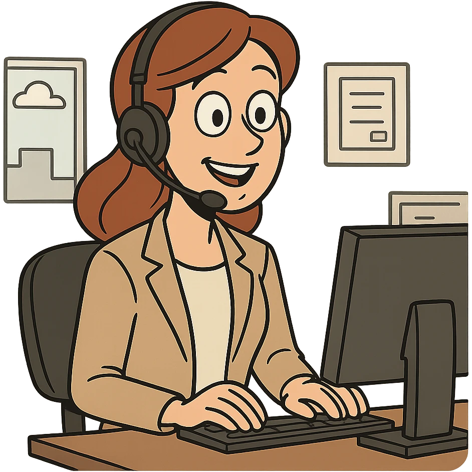 A female call center agent with a headset, smiling, in a professional office setting, cartoon style. emoji