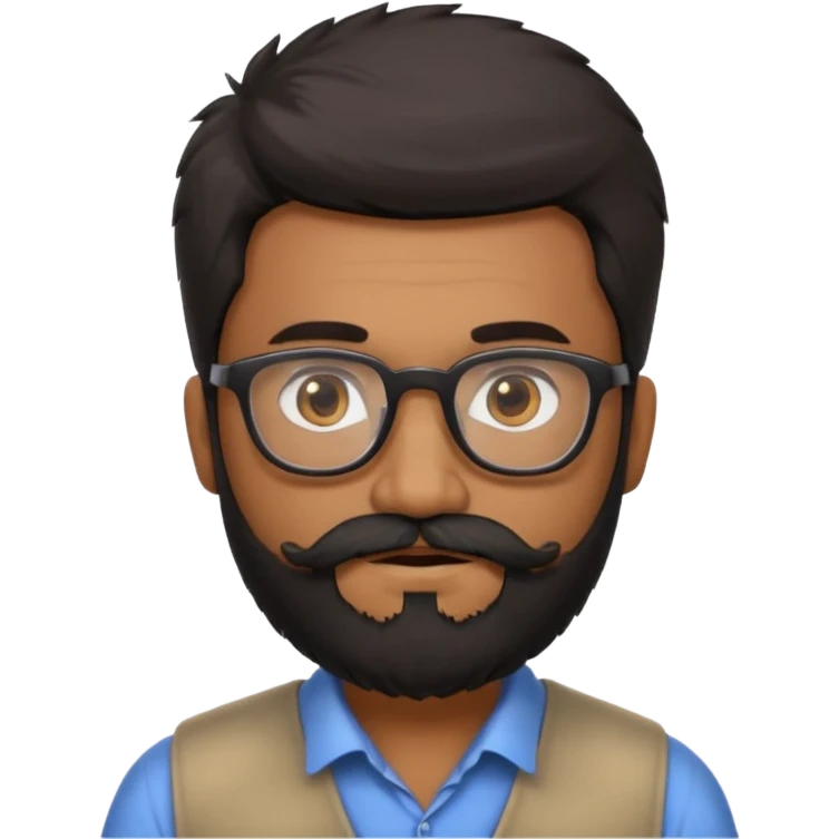 Indian software developer with beards and specs, with few white hairs in mostly black beard and hair. Hair fluffy and back brushed. Mustache and beard not neatly done emoji
