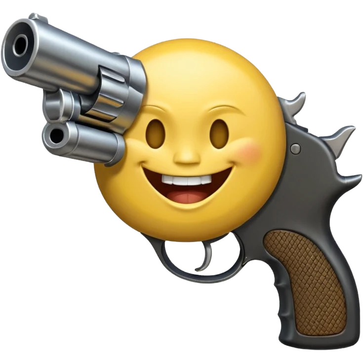 Yellow laughing face pointing gun at its own mount. The barrel of the gun is pointed towards the smile into the mouth emoji