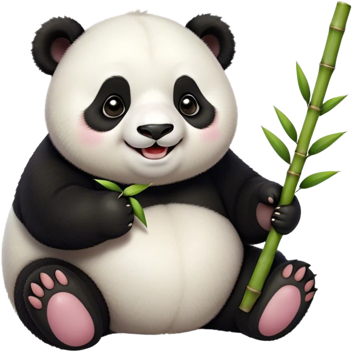 Cinematic smiling chubby panda, fluffy black and white fur, round rosy cheeks, tiny paws holding a bamboo shoot, sparkling eyes full of joy, soft glowing background, irresistibly huggable. emoji