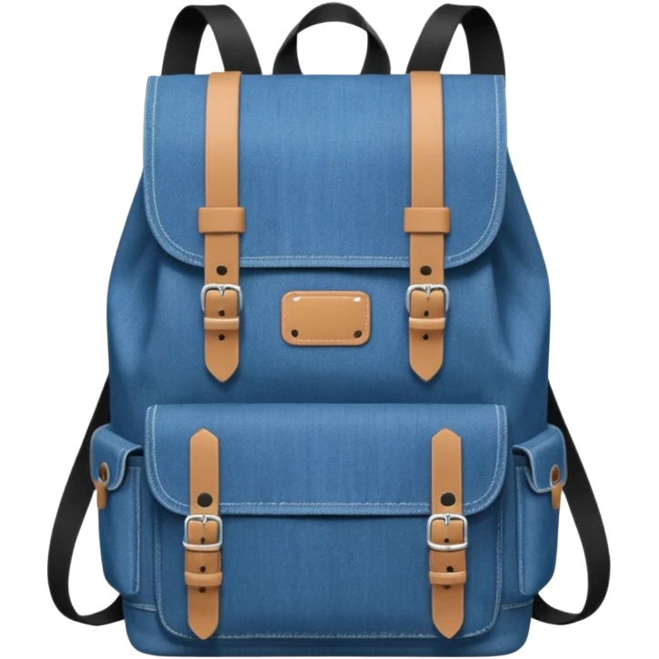 An emoji-style blue denim backpack with a flap top. Two short black buckle straps are attached only at the top flap, not extending to the bottom. The front is clean with no pockets or extended straps. The backpack has two side pockets. Flat, minimalist, cartoon icon.


 emoji