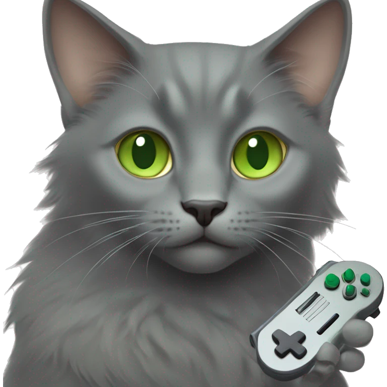 dark gray nebelung cat with light green eyes holding a video game controller emoji