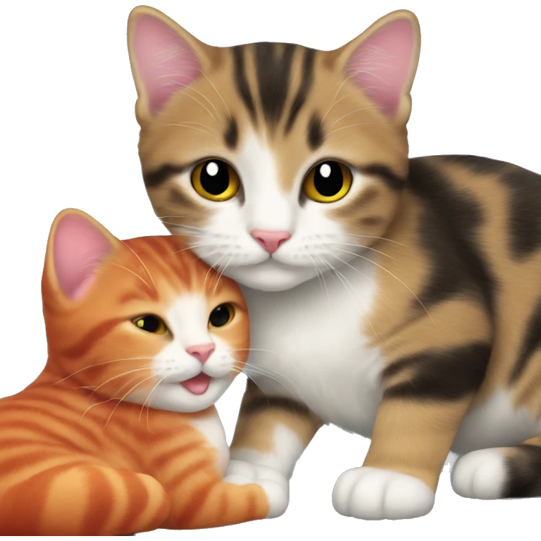 A small tricolour kitty playing with a big red cat emoji