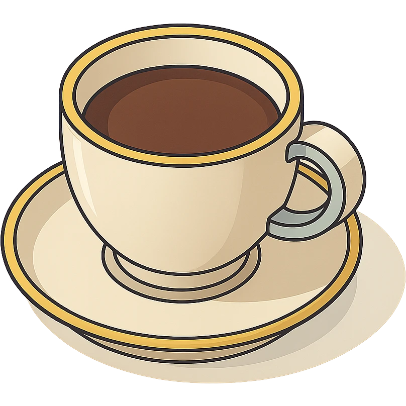 coffee in a cup with a golden rim, isometric view, 2D isometric style, detailed drawing, detailed shadows and highlights, clean contours, soft lighting, transparent background emoji