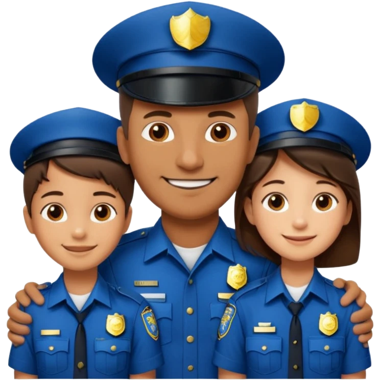 A proud dad who is proud of his children and is a police officer one of the kids is a 11 year old girl and a 9 year old boy and the girl is taller than the boy and the boy is short emoji