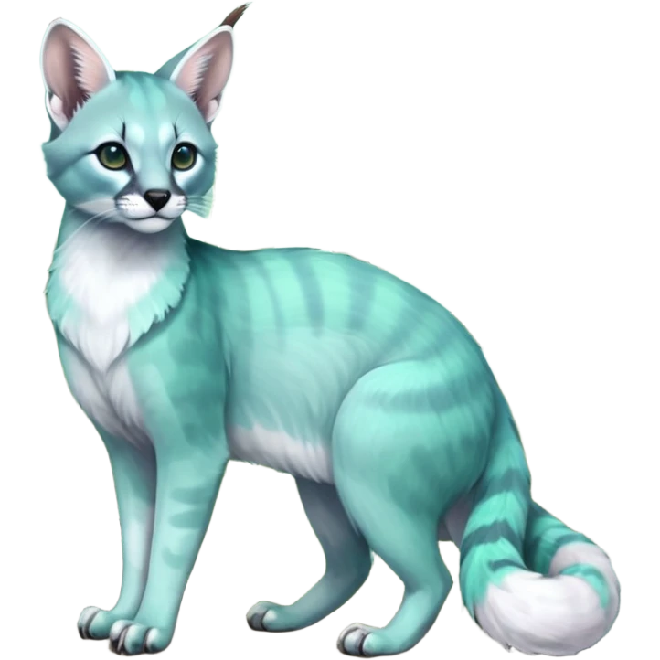 Colorful dark tropical iridescent pale light jade-green, mint-blue, whitish pastel white glorious divine exotic cute cool beautiful shiny beautiful fantasy-caracal-civet-genet-sergal-vernid-Cacomistle-Trico-oncilla-animal-Fakémon-hybrid-fursona (full body) emoji