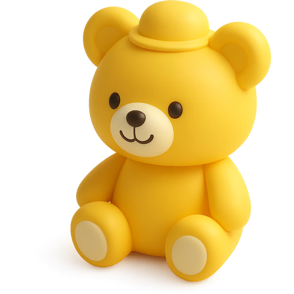3D yellow toy bear, wearing a hat, smiling emoji