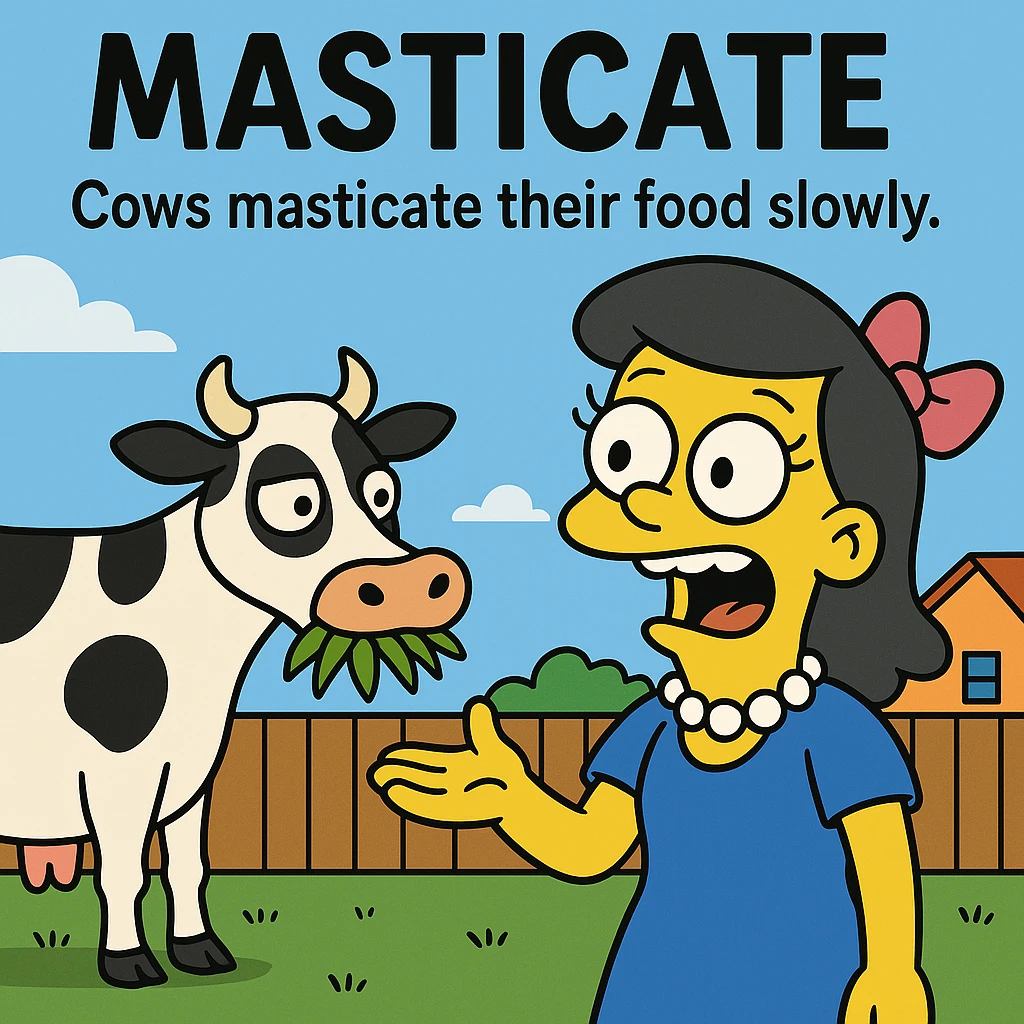 Masticate – to chew food.
Cows masticate their food slowly.
 emoji