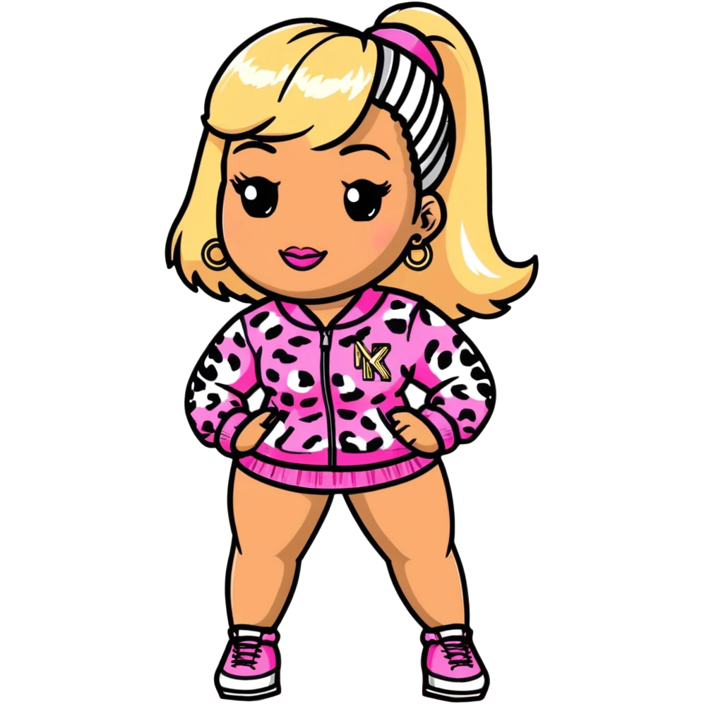 Nicki Minaj wearing pink and white leopard print outfit with half blonde half pink hairstyle with bangs emoji