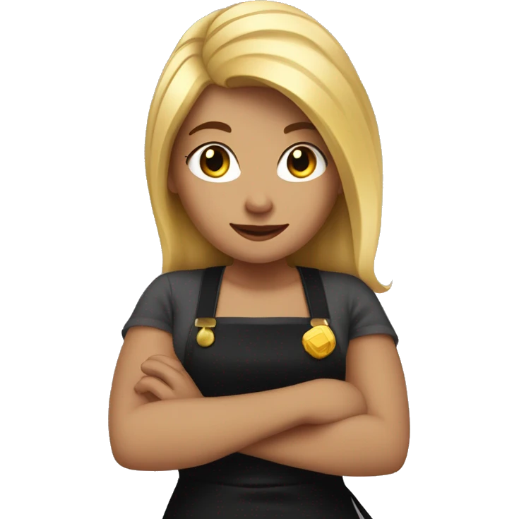 A blonde tall girl with a black apron and gold hair phon in a hand emoji