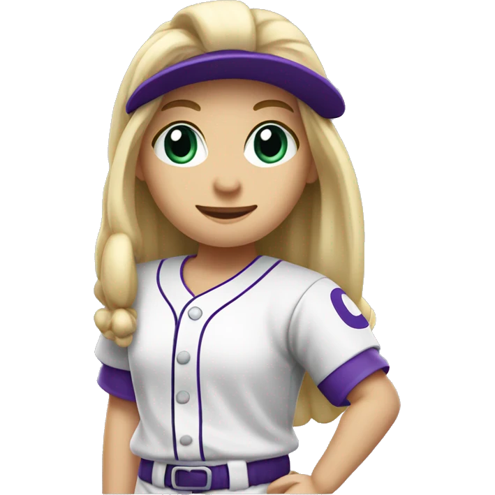 baseball card character. Blonde female long straight hair. letter C logo. Purple and white uniform. emoji