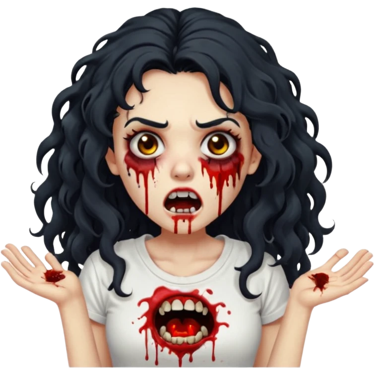 a zombie with long curly black hair volumoso, brown eyes, a white t-shirt and a splash of blood on her t-shirt, mouth open like a zombie emoji
